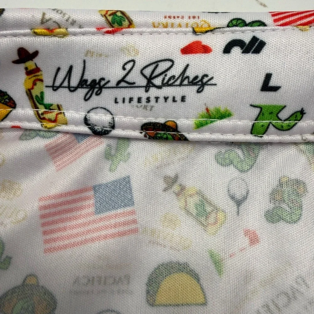 Wags 2 Riches Polo Shirt Men L White Multi Taco Cactus Golf Print Performance
